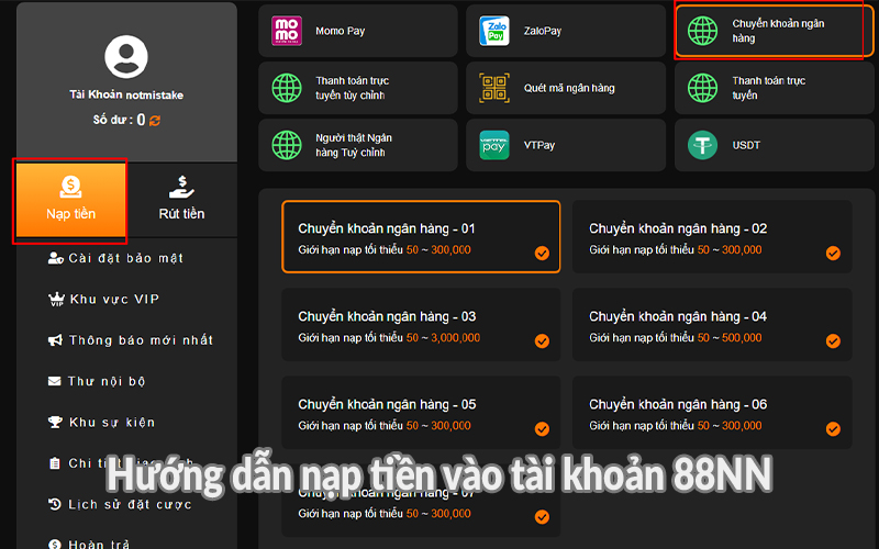 Hướng dẫn nạp tiền vào tài khoản 88NN