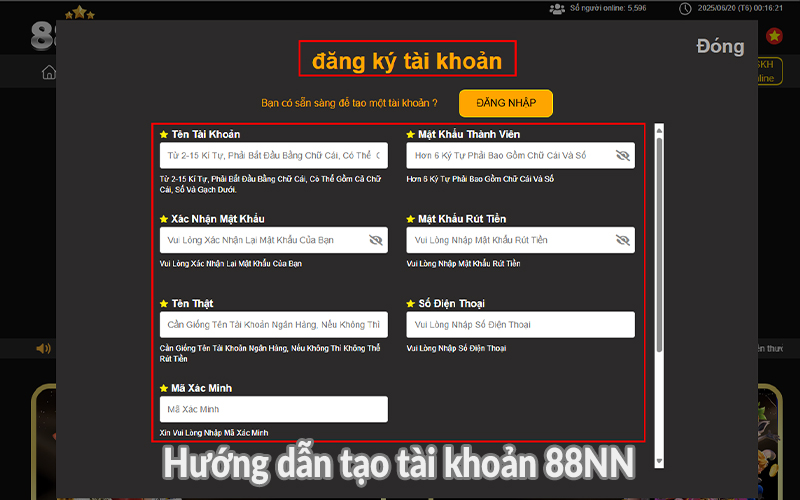 Hướng dẫn tạo tài khoản 88NN